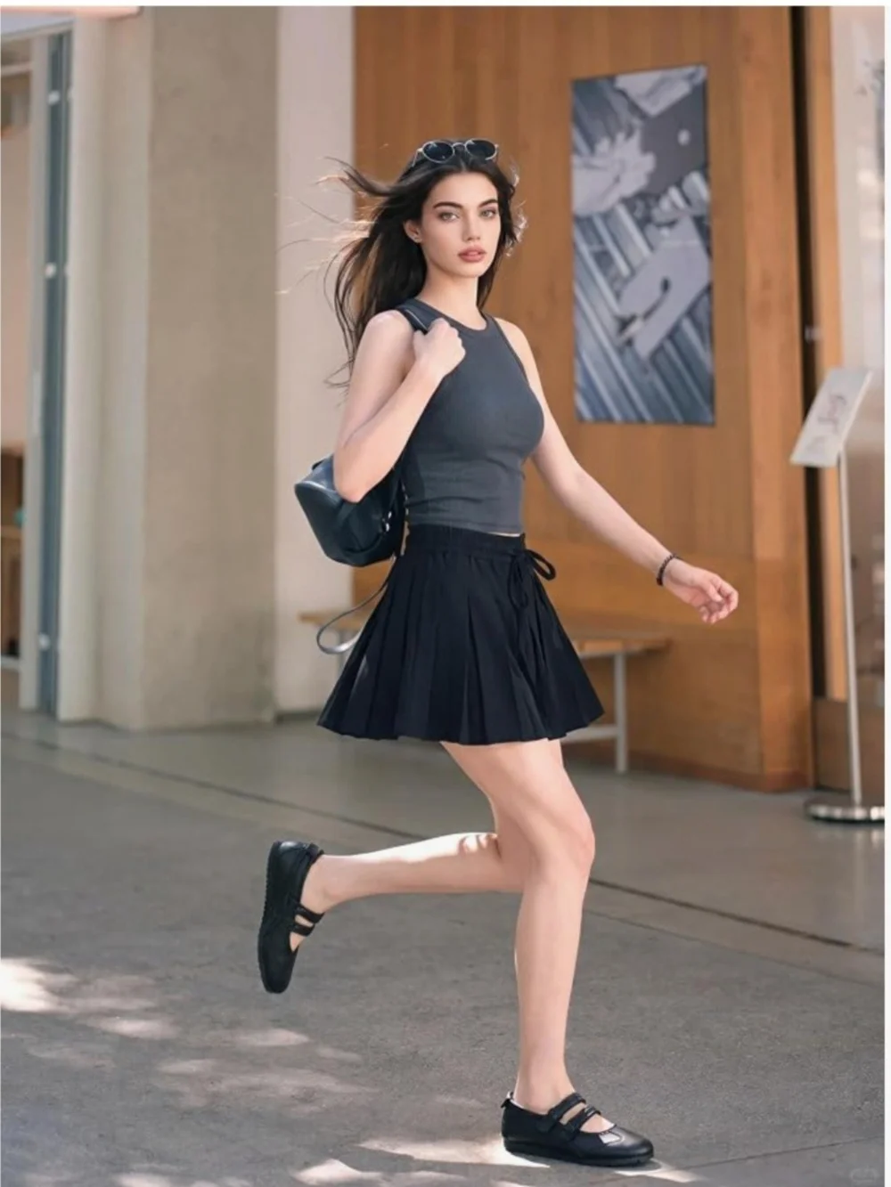 Women's Black Double-Strap Casual Mary Jane Sneakers